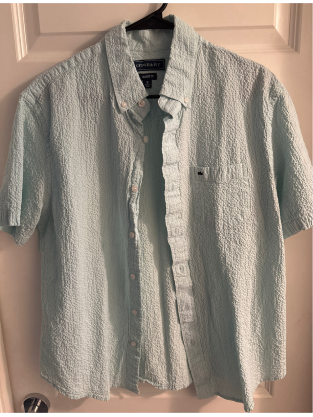 Crown & Ivy Mens Short Sleeve Button Down M Shirt Mint Green Crinkle Textured